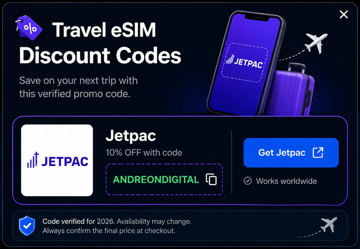 Verified Jetpac Travel eSIM discount code with 10% off using promo code ANDREONDIGITAL for international travel in 2026. Promotional graphic featuring the Jetpac logo, travel smartphone, luggage, airplane and worldwide coverage.