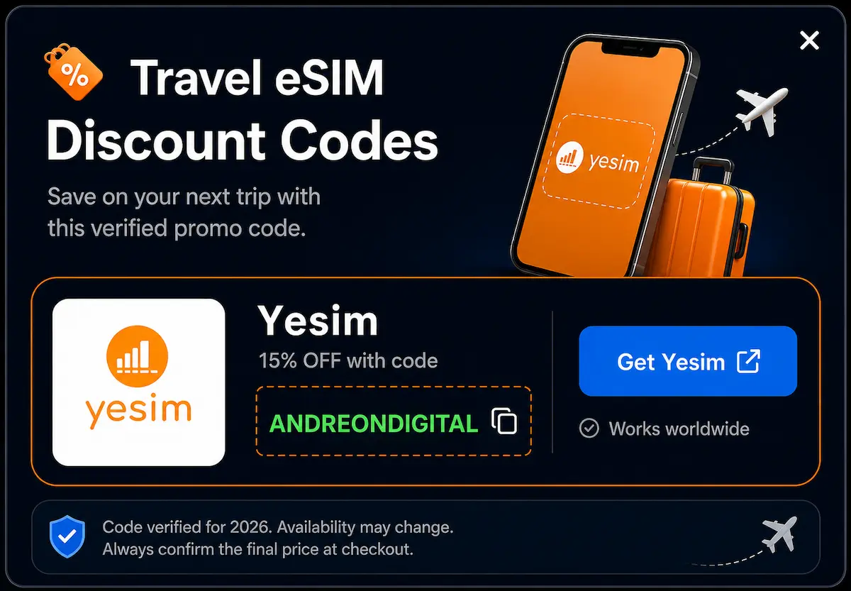 Verified Yesim Travel eSIM discount code with 15% off using promo code ANDREONDIGITAL for international travel in 2026. Promotional graphic featuring the Yesim logo, travel smartphone, luggage, airplane and worldwide coverage.