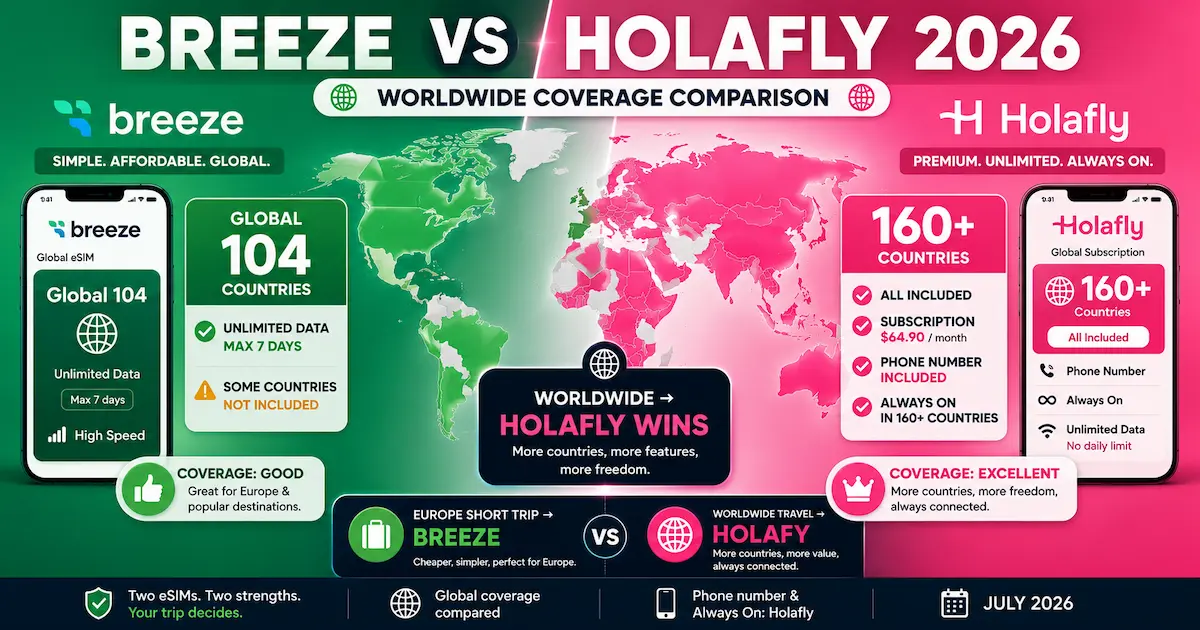 Breeze vs Holafly 2026 worldwide coverage comparison showing Breeze Global in 104 countries versus Holafly in 160+ destinations with a global subscription, phone number and Always On.
