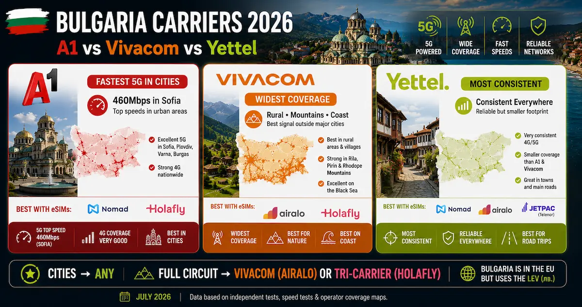 Bulgaria carriers 2026 comparison showing A1, Vivacom and Yettel 5G coverage, speed and network reliability with Nomad, Holafly, Airalo and Jetpac across Sofia, Plovdiv, Rila Mountains and the Black Sea.