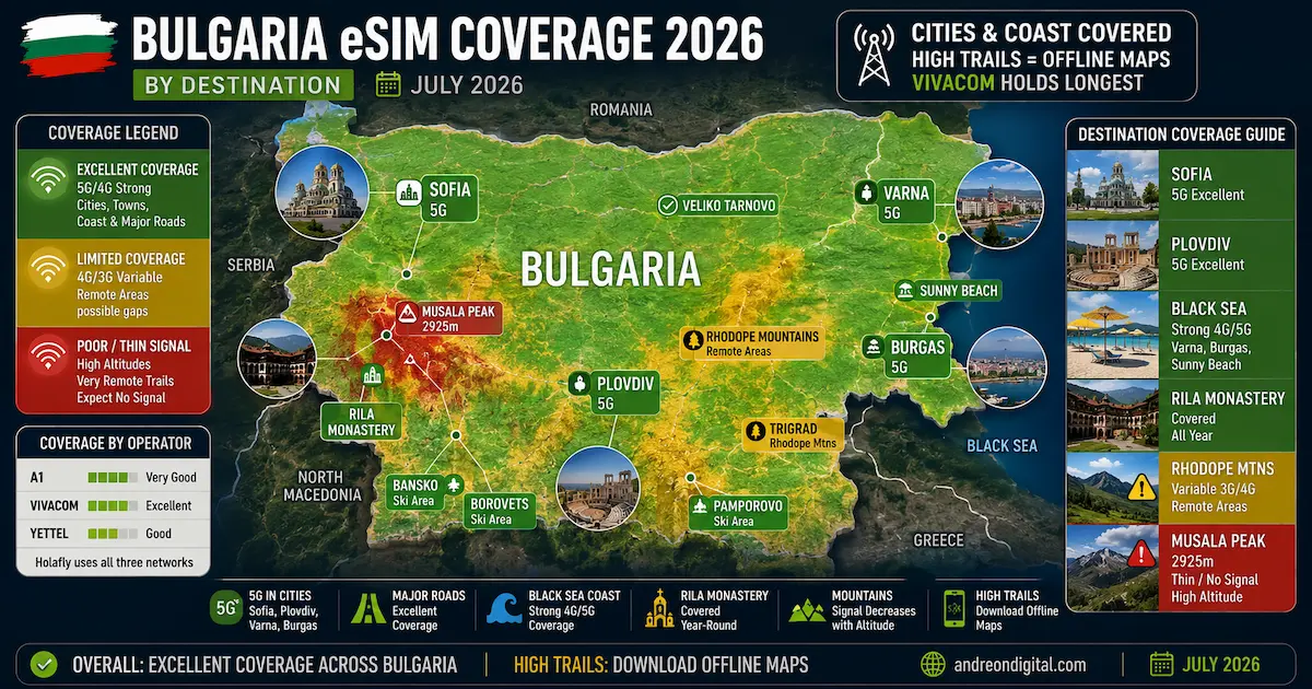 Bulgaria eSIM coverage map 2026 showing 5G and 4G coverage across Sofia, Plovdiv, Varna, Burgas, Sunny Beach, Rila Monastery, Bansko, Musala Peak and the Rhodope Mountains with A1, Vivacom and Yettel networks.