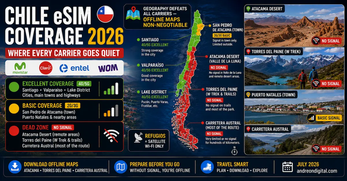 chile esim coverage 2026 atacama desert valle de la luna torres del paine w trek carretera austral dead zones offline maps movistar