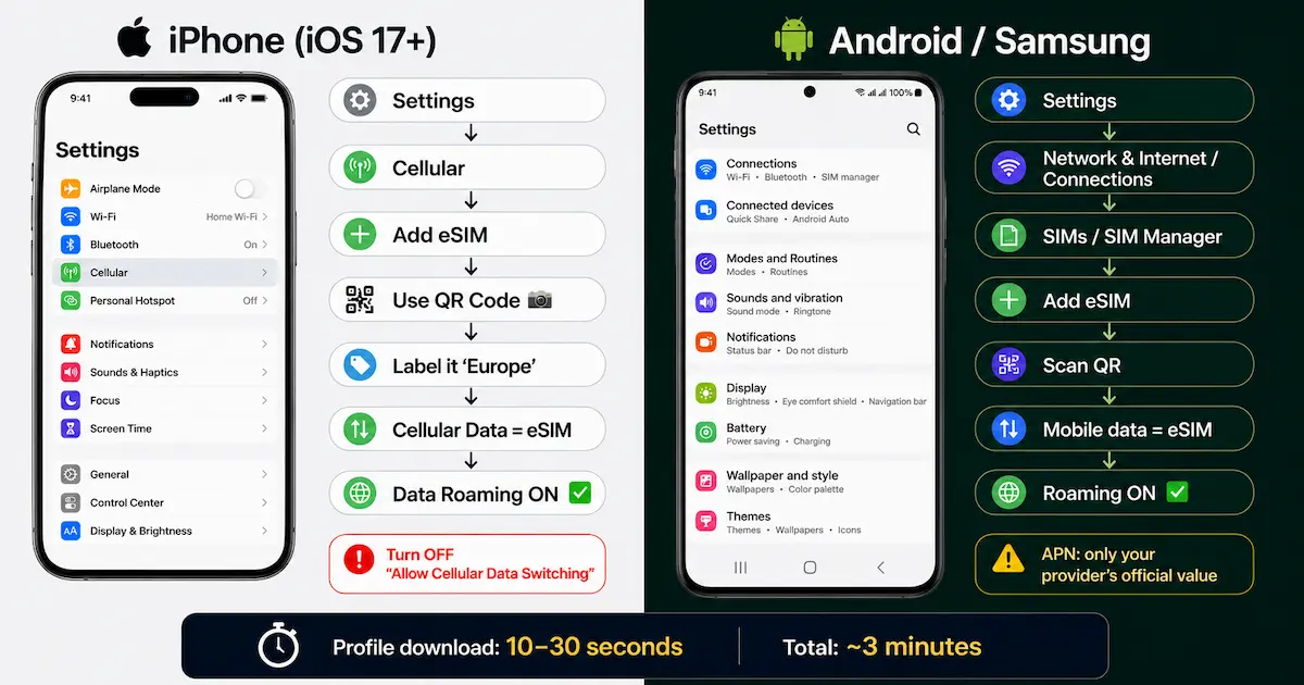 eSIM activation settings path on iPhone and Android showing Add eSIM, QR code scanning, mobile data selection and Data Roaming.