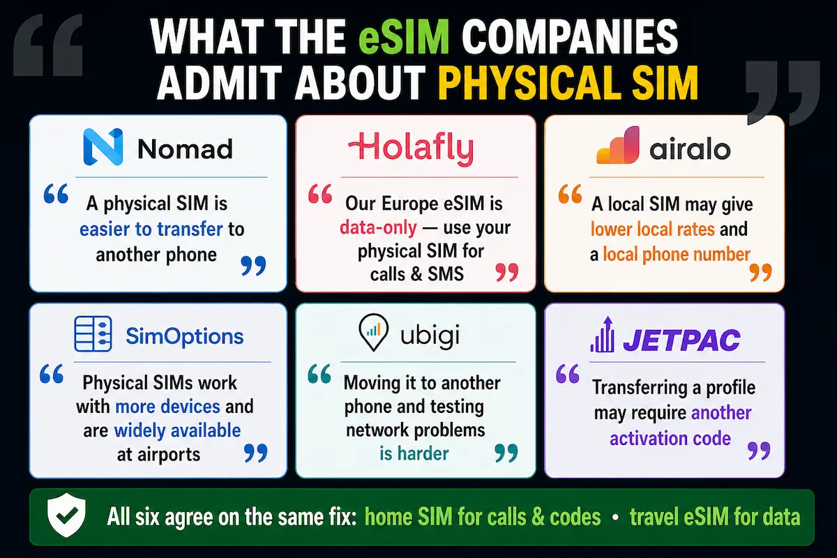 What Nomad, Holafly, Airalo, SimOptions, Ubigi and Jetpac acknowledge as practical advantages of physical SIM cards in 2026.