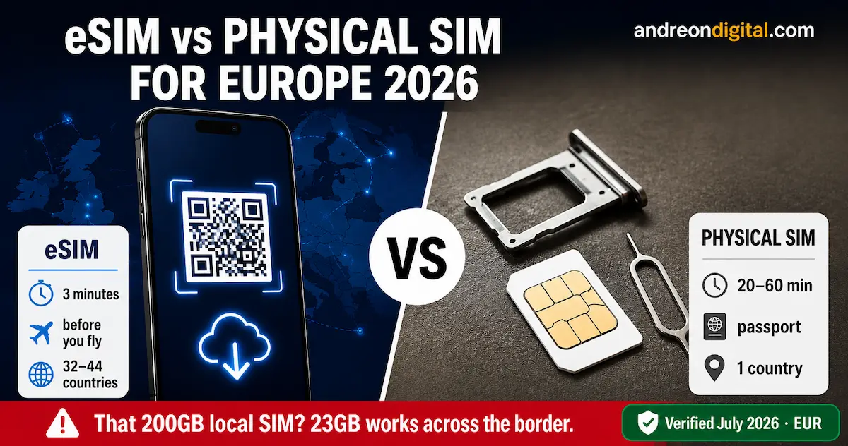 eSIM vs physical SIM for Europe 2026 comparing a travel eSIM with a local physical SIM, highlighting the EU roaming cliff where a 200GB domestic plan becomes only 23GB abroad.