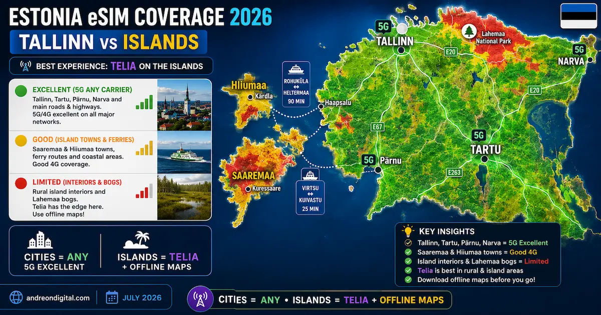 Estonia eSIM Coverage 2026 — Tallinn vs Islands estonia esim coverage 2026 tallinn tartu parnu saaremaa hiiumaa lahemaa islands ferry map telia coverage