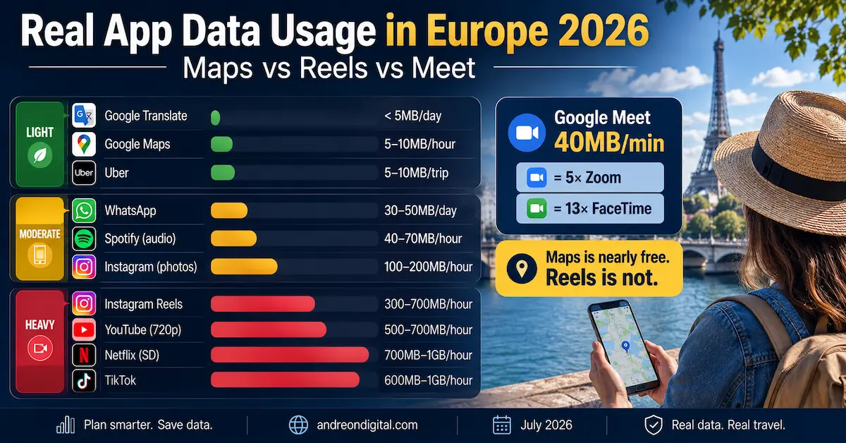 Europe data usage per app in 2026 comparing Google Maps at 5 to 10MB per hour, Instagram Reels, TikTok, Netflix and Google Meet at 40MB per minute.