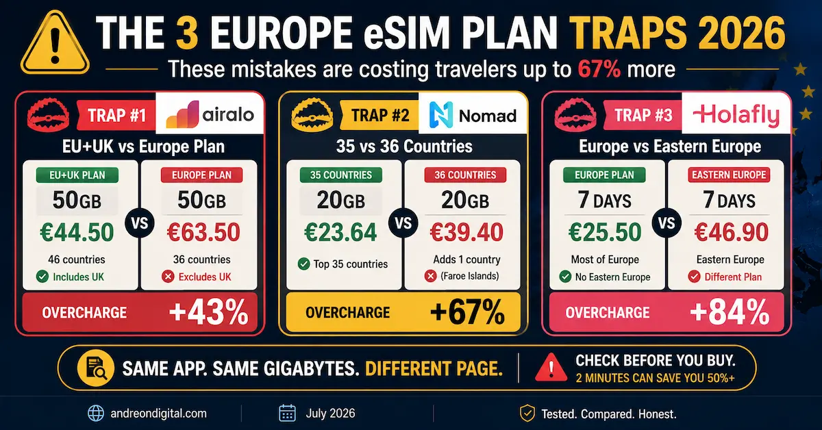 Europe eSIM plan traps 2026 comparing Airalo EU plus UK vs Europe, Nomad 35 vs 36 countries and Holafly Europe vs Eastern Europe with price differences of 43, 67 and 84 percent.