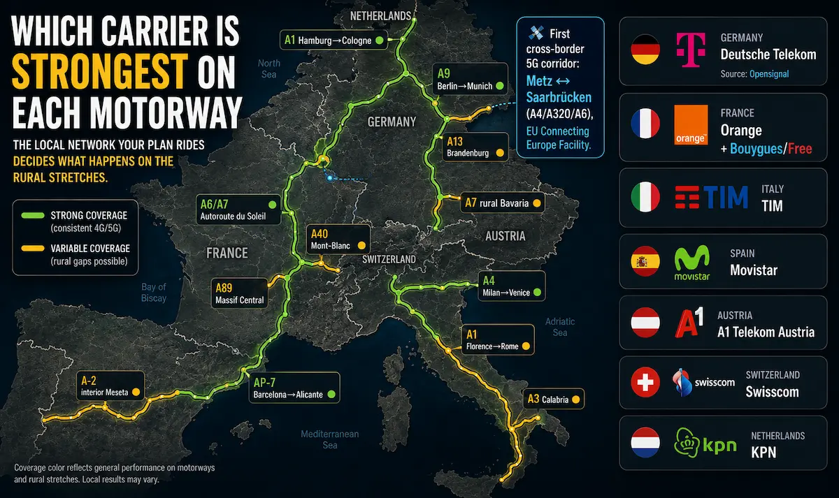 European motorway carrier coverage map for 2026 comparing Deutsche Telekom, Orange, TIM, Movistar, A1 Telekom Austria, Swisscom and KPN on major driving routes