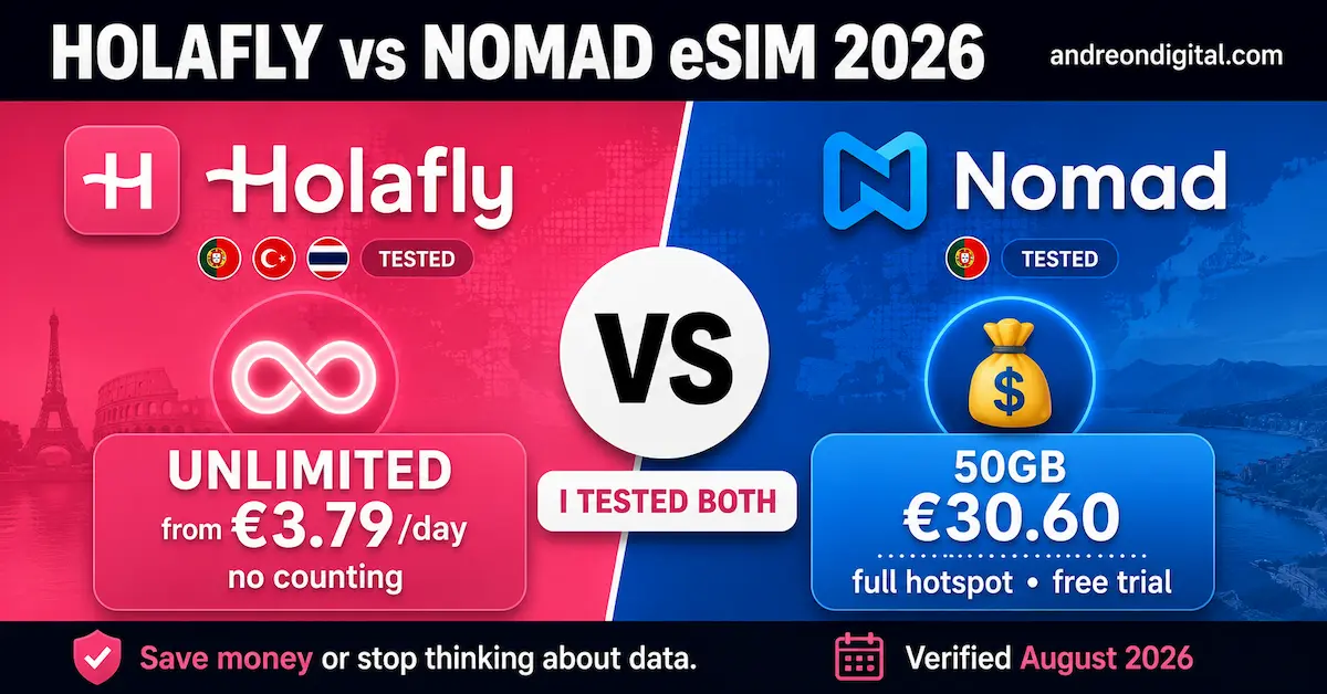 Holafly vs Nomad eSIM Europe 2026 comparing Holafly unlimited data from €3.79 per day with Nomad Europe 50GB for €30.60, full hotspot and a free trial.