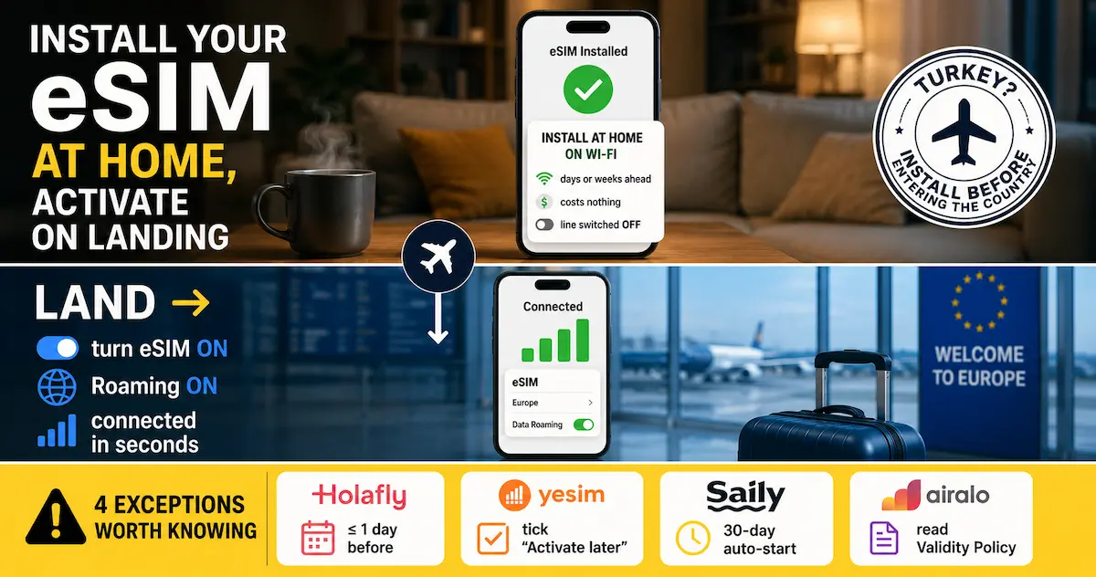 Install an eSIM at home on Wi-Fi and activate it on arrival in Europe, with exceptions for Holafly, Yesim, Saily and Airalo.