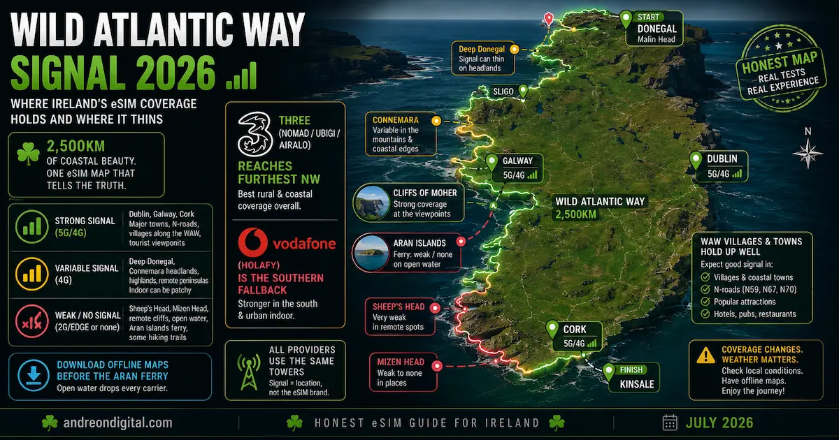 Wild Atlantic Way Ireland eSIM coverage map 2026 showing Three and Vodafone signal from Donegal through Connemara and the Cliffs of Moher to Cork, plus the Aran Islands ferry.