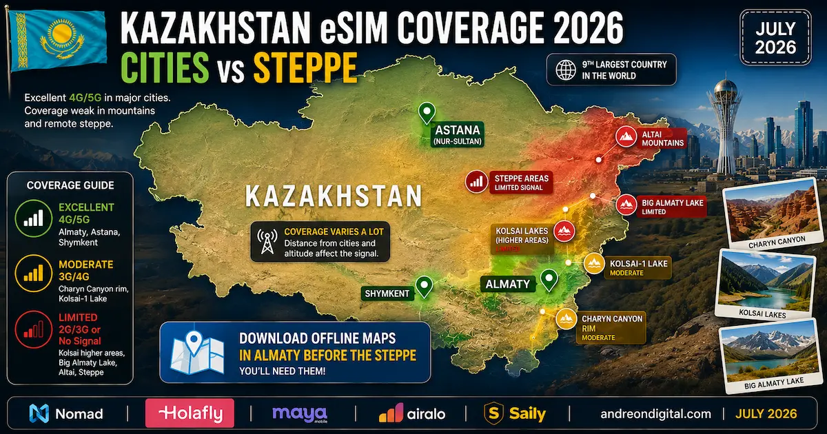 kazakhstan esim coverage 2026 almaty astana shymkent charyn canyon kolsai lakes big almaty lake altai steppe offline maps
