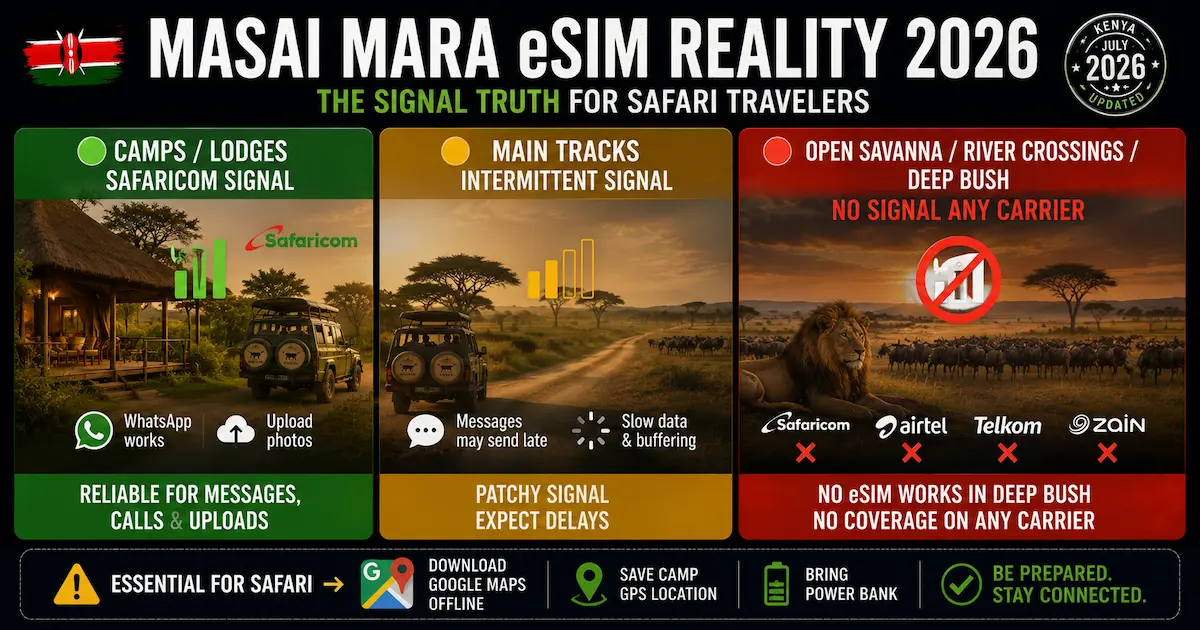 Masai Mara eSIM Reality 2026 — Signal Truth kenya esim 2026 masai mara safari signal reality game drive no coverage lodge safaricom offline maps wildebeest migration