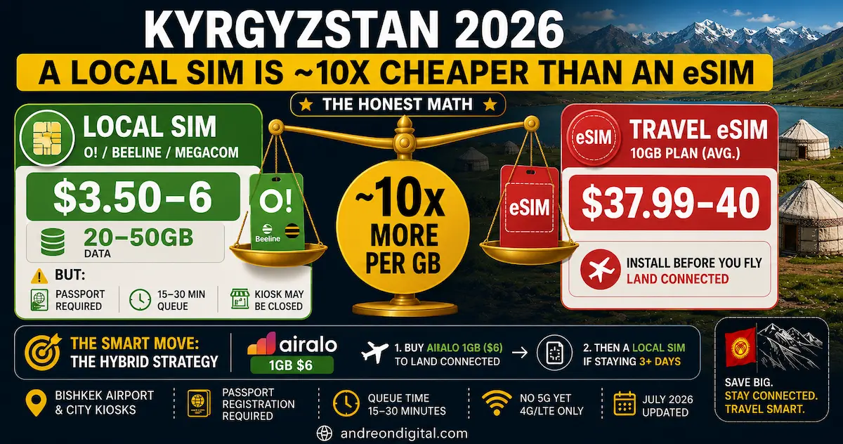 kyrgyzstan esim 2026 local sim 10x cheaper honest math bishkek O beeline 20-50gb passport registration