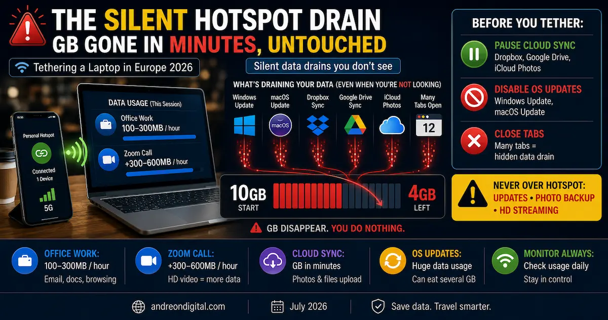 Laptop hotspot silent data drain in Europe 2026 caused by Windows and macOS updates, Dropbox, Google Drive, iCloud Photos, cloud sync and open browser tabs.