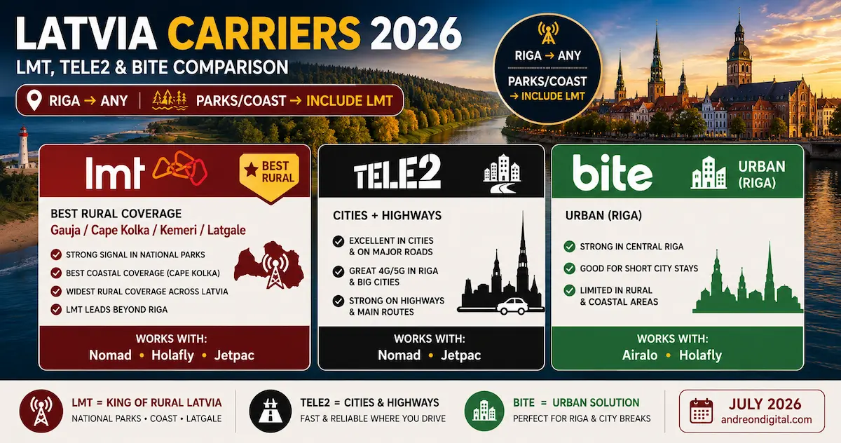latvia carriers 2026 LMT Tele2 Bite comparison for Gauja Cape Kolka Kemeri rural coverage with Nomad Holafly Airalo and Jetpac