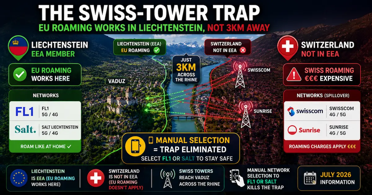 Liechtenstein Swiss roaming trap 2026 showing Vaduz, the Rhine border, FL1 and Salt networks, Swisscom and Sunrise spillover, and manual network selection.