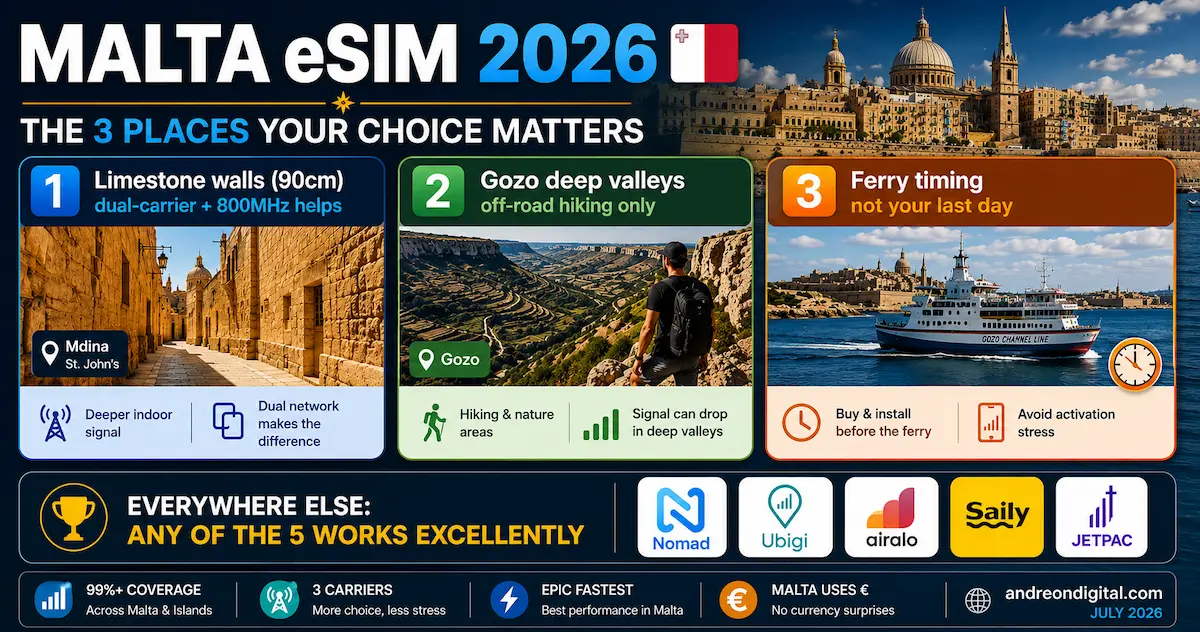 malta esim 2026 three situations limestone walls mdina gozo valleys ferry timing where esim choice matters dual carrier