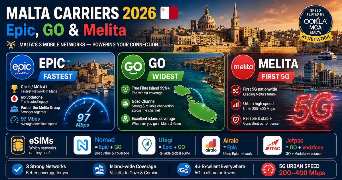 malta esim carriers 2026 epic go melita vodafone ookla fastest network 5g valletta true fibre island coverage