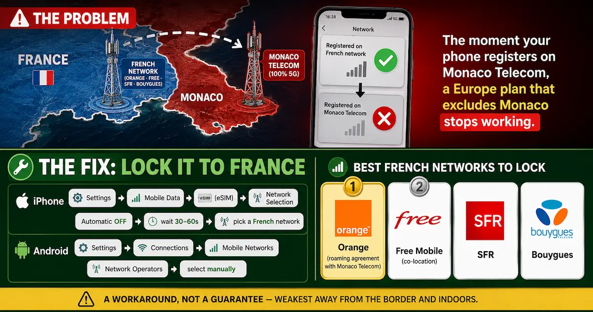 Best eSIM for Monaco 2026 network-selection fix showing how to lock an iPhone or Android to Orange, Free Mobile, SFR or Bouygues instead of Monaco Telecom.