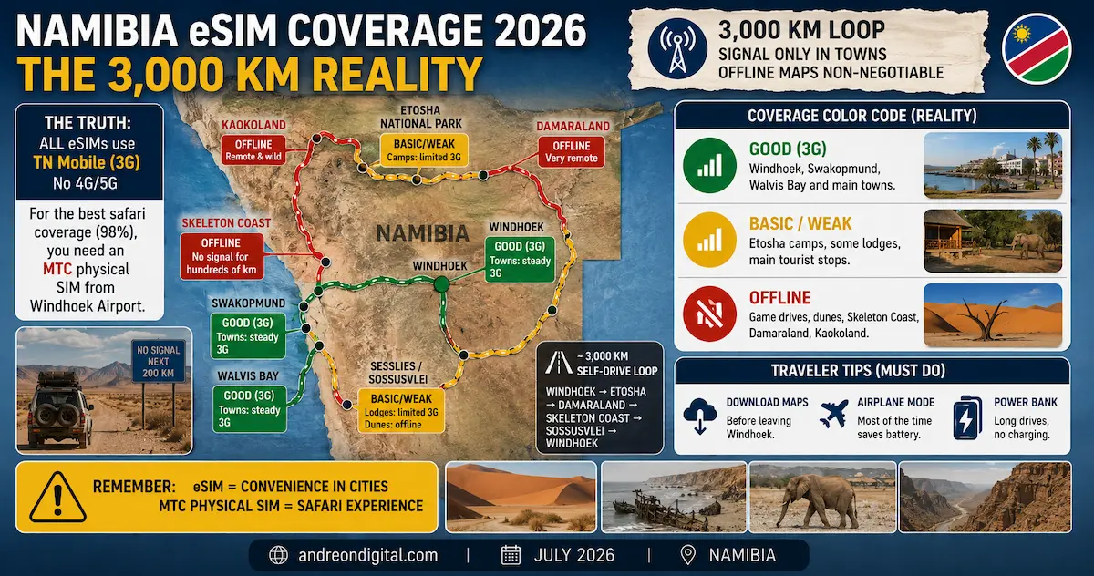Namibia eSIM Coverage 2026 — The 3,000 km Reality namibia esim coverage 2026 road trip windhoek etosha swakopmund sossusvlei skeleton coast damaraland offline maps 3000km self-drive safari