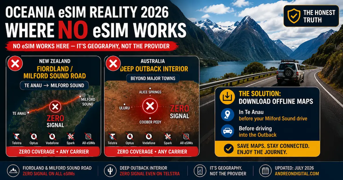 Oceania eSIM Reality 2026 | Where No eSIM Works in Fiordland & the Outback Oceania eSIM reality 2026 showing where no eSIM works, including Fiordland, Milford Sound Road and the deep Australian Outback, explaining that geography causes zero mobile coverage and why offline maps are essential.