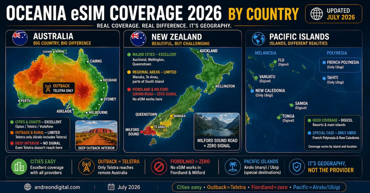 Oceania eSIM Coverage 2026 | Australia, New Zealand & Pacific Islands Map Oceania eSIM coverage map 2026 showing Australia, New Zealand and Pacific Islands with Telstra Outback coverage, Fiordland no signal, Digicel coverage in Fiji and Ubigi support for French Polynesia and New Caledonia.