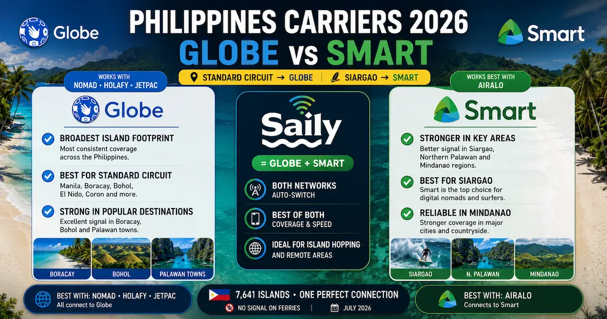 Philippines carriers 2026 comparison showing Globe vs Smart coverage across Manila, Boracay, Bohol, Siargao, Northern Palawan and Mindanao with Saily dual-network auto-switch support.