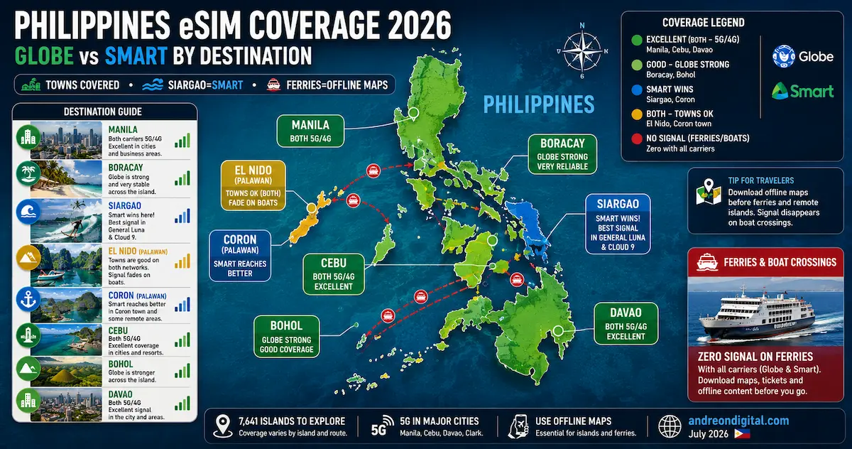 Philippines eSIM coverage map 2026 comparing Globe and Smart across Manila, Cebu, Boracay, Bohol, Siargao, El Nido, Coron, Davao and ferry routes with destination-specific recommendations.
