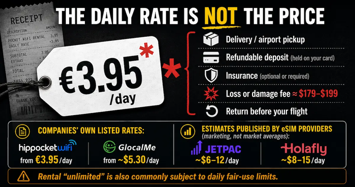 Pocket WiFi Europe real cost in 2026 showing a daily rental rate plus delivery, refundable deposit, insurance, return requirements and loss or damage fees.