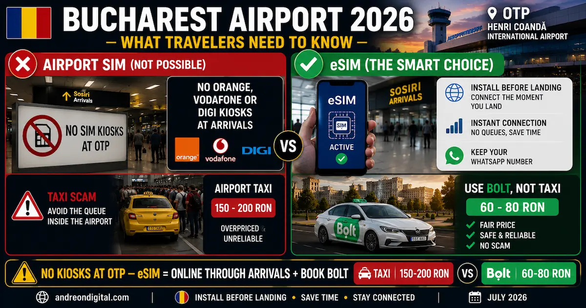 romania esim bucharest henri coanda airport 2026 no orange vodafone digi kiosks bolt vs taxi scam 60 80 ron install before
