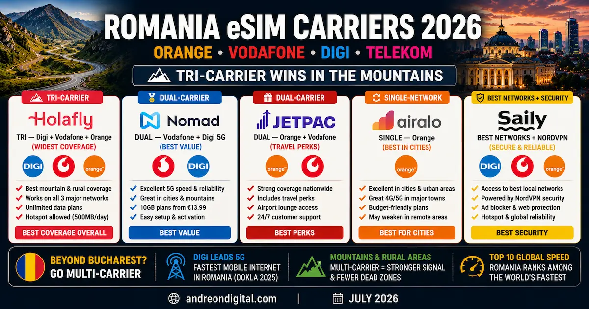 romania esim carriers 2026 orange vodafone digi telekom tri-carrier dual single network holafly nomad airalo mountain coverage