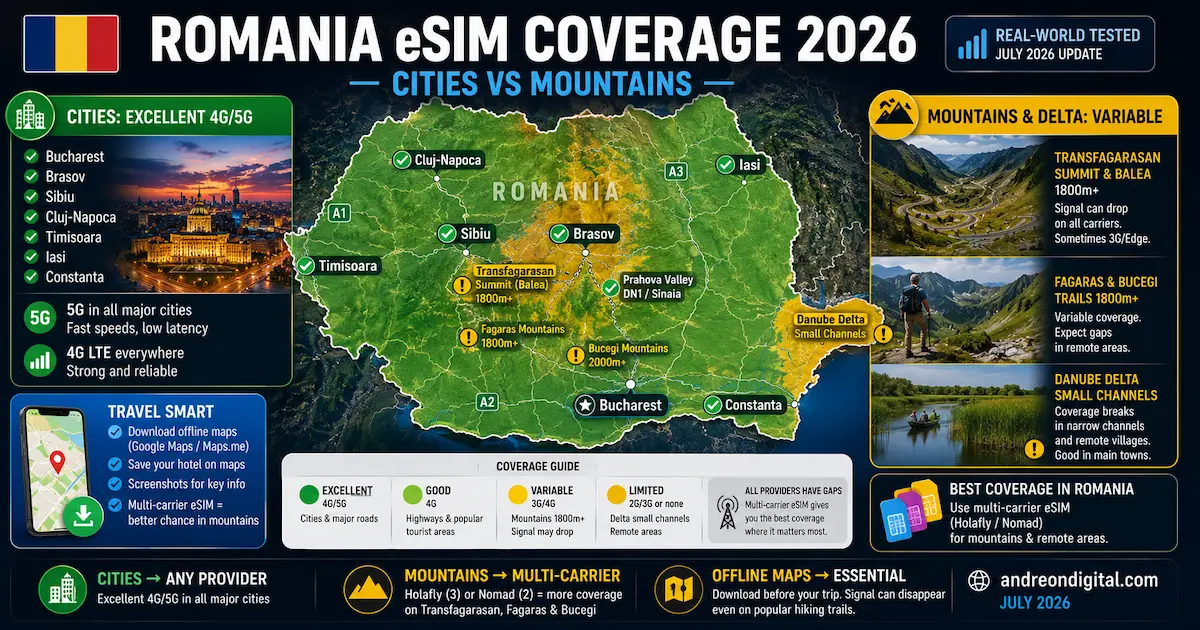 romania esim coverage 2026 bucharest transylvania brasov sibiu transfagarasan balea carpathians danube delta 4g 5g mountain gaps offline maps