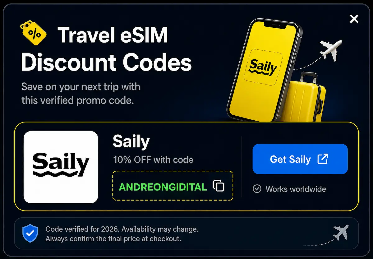 Saily Travel eSIM discount code ANDREONDIGITAL giving 10% off on international eSIM plans for travelers in 2026 with verified promotional offer and worldwide coverage.