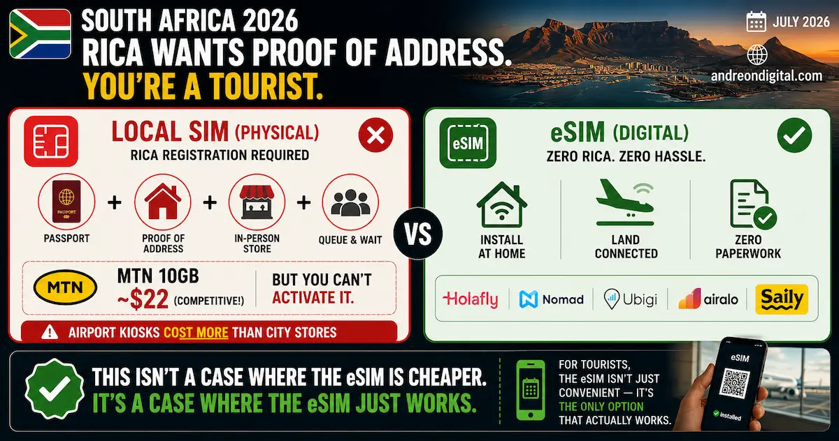 South Africa RICA registration 2026 comparing a local physical SIM requiring passport, proof of address and an in-person store visit with a travel eSIM that activates without paperwork.