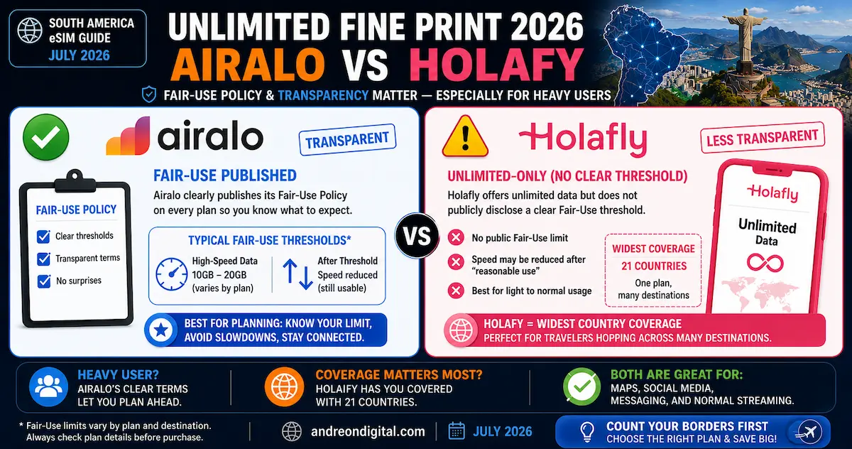 south america esim 2026 airalo vs holafly unlimited fair use policy fup transparency throttling clear disclosed