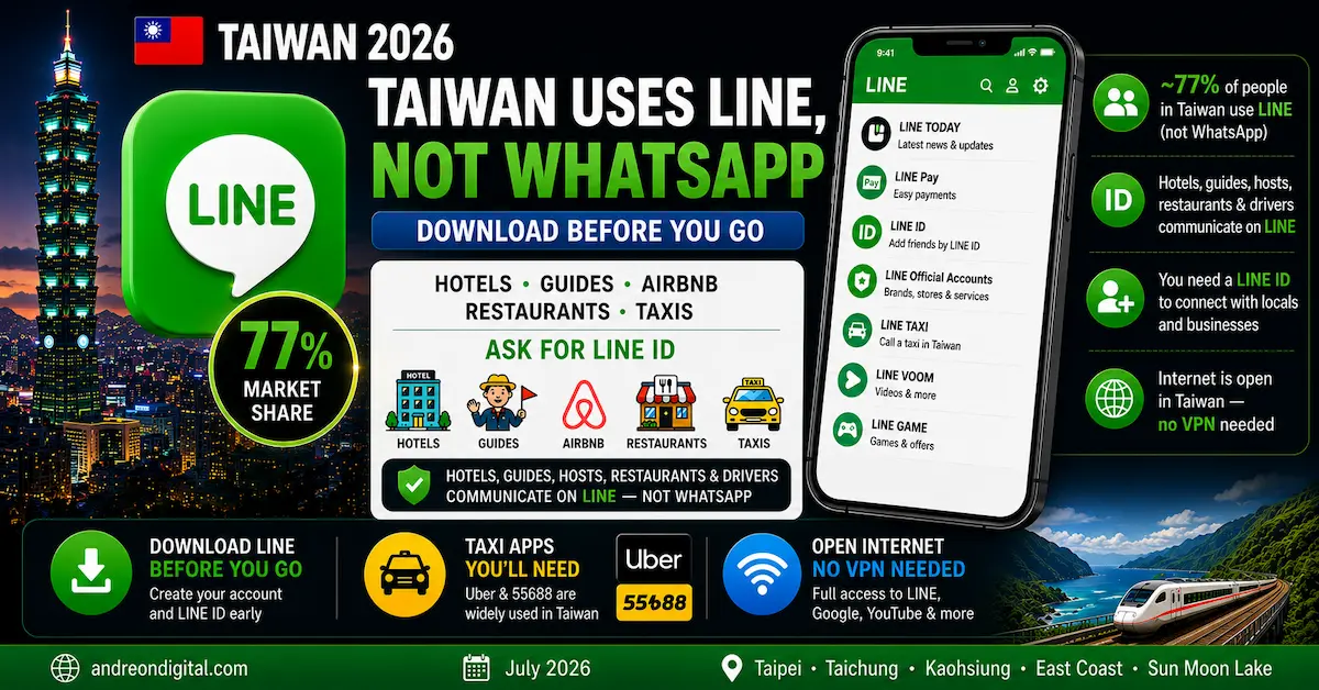 taiwan line app 2026 infographic showing LINE with 77 percent market share in Taiwan, hotels guides airbnb restaurants and taxi services using LINE instead of WhatsApp with no VPN required