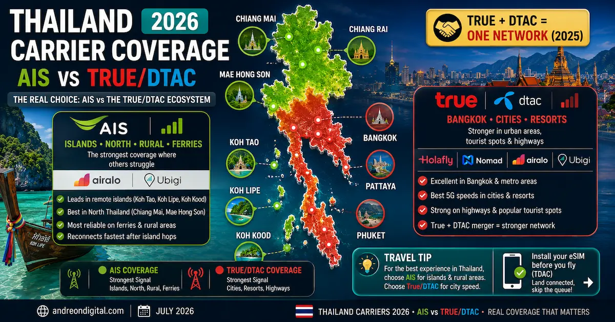 thailand carrier coverage 2026 map comparing AIS and True DTAC One Network across Bangkok, Phuket, Chiang Mai and remote islands.