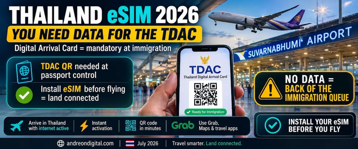 thailand eSIM 2026 TDAC Digital Arrival Card QR code at Suvarnabhumi Airport with eSIM installation before flying and immigration data.