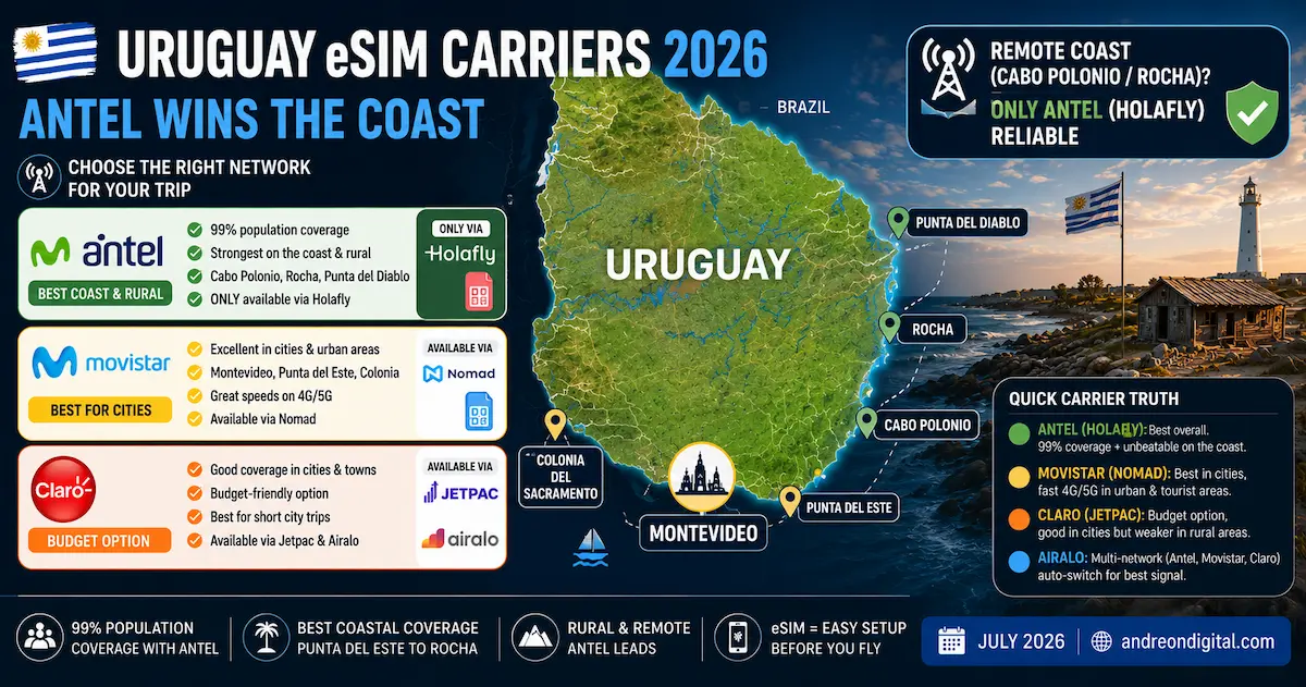 uruguay esim carriers 2026 antel movistar claro coast rural cabo polonio rocha punta del diablo coverage holafly