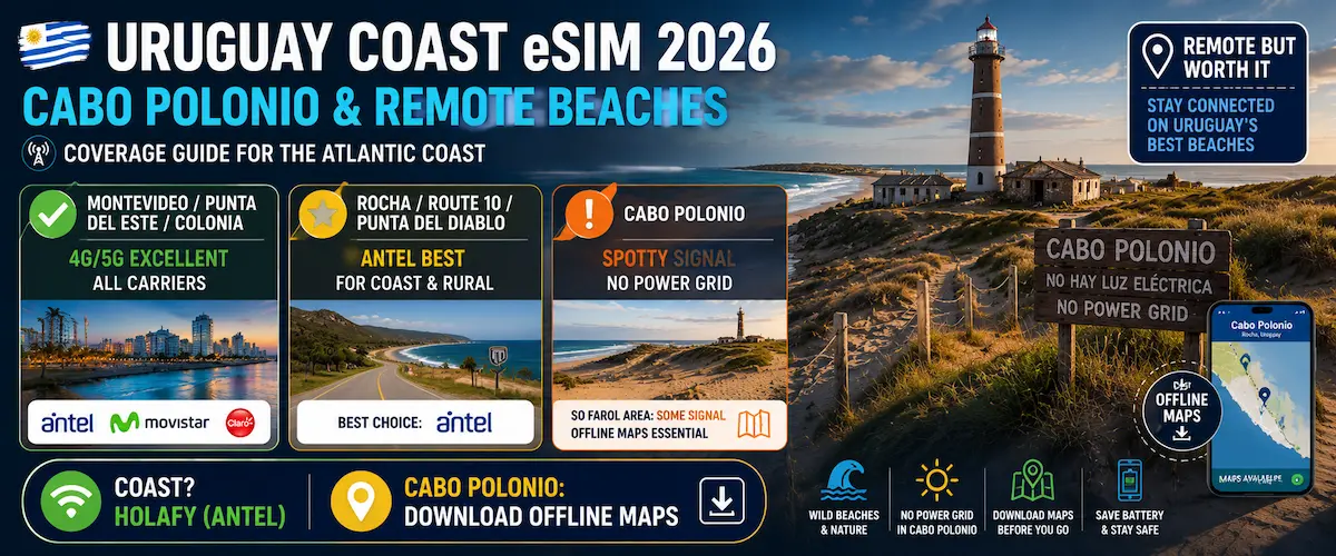 uruguay esim coast 2026 cabo polonio no power grid rocha route 10 punta del este remote beaches antel signal offline maps