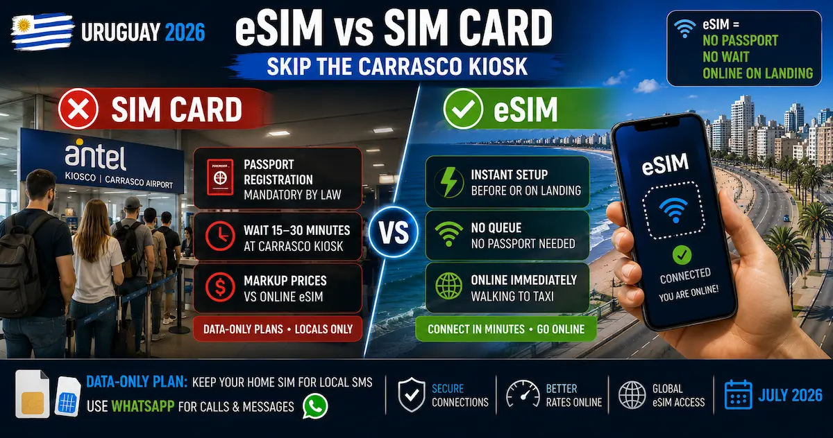 uruguay esim vs sim card 2026 passport registration mandatory carrasco airport antel kiosk 15 30 minutes markup data only