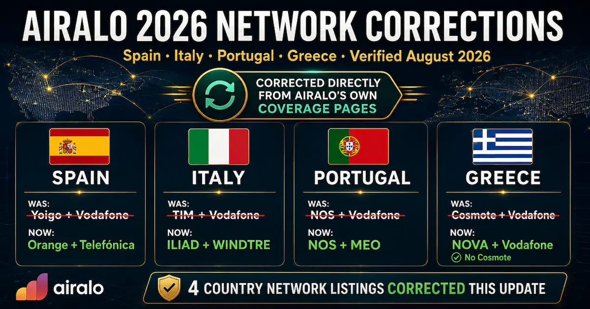 Airalo 2026 network corrections showing Orange and Telefónica in Spain, ILIAD and WINDTRE in Italy, NOS and MEO in Portugal, and NOVA and Vodafone in Greece.
