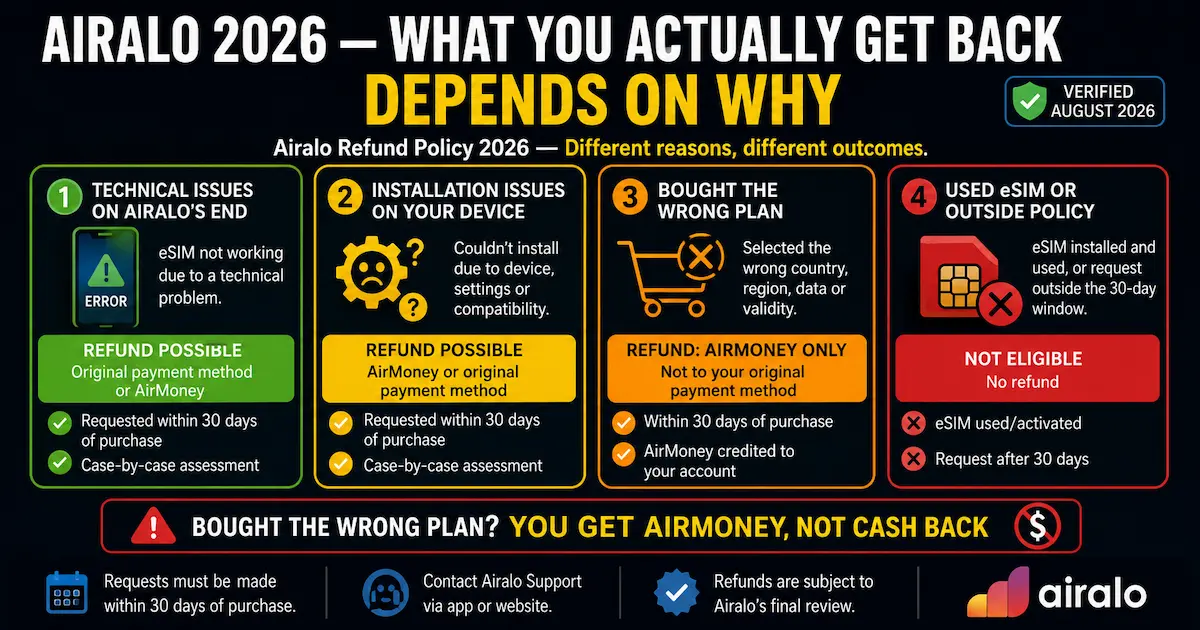 Airalo refund policy 2026 showing technical issue refunds, installation problem options, AirMoney for wrong purchases, and ineligible used or expired eSIM plans.