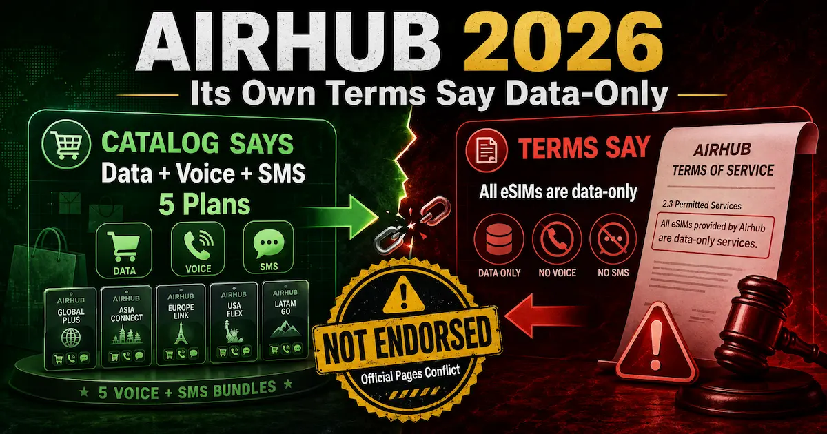Airhub eSIM 2026: Catalog vs Terms of Service Conflict Airhub eSIM 2026 catalog claims Data Voice and SMS while Terms of Service state Airhub eSIMs are data-only