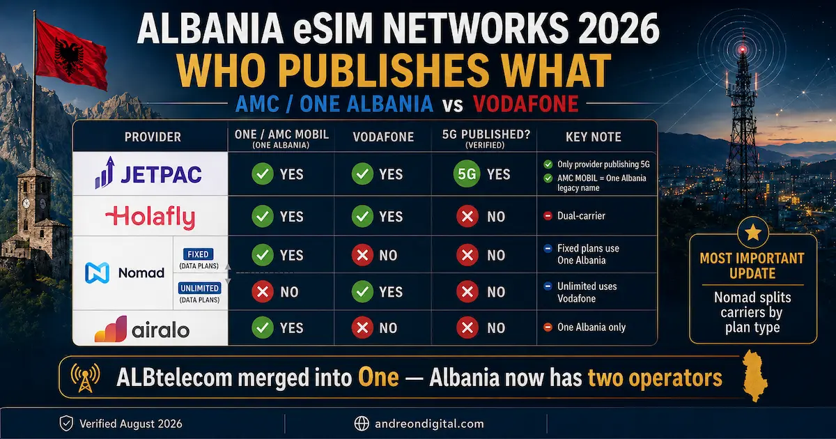 Albania eSIM networks 2026 comparison showing Jetpac on AMC Mobil One Albania and Vodafone with published 5G, Holafly dual-carrier, Nomad split by plan type, and Airalo on One Albania