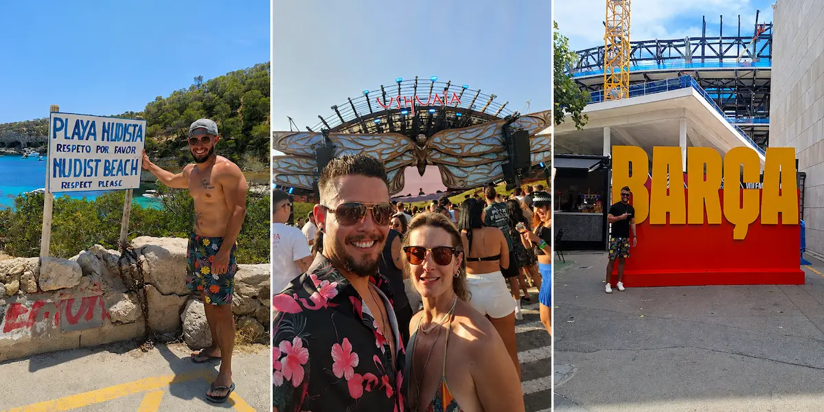 Personal travel experience in Spain showing a traveler at a beach in Ibiza, visiting Ushuaïa Ibiza with a companion, and standing beside the Barcelona sign in 2026.