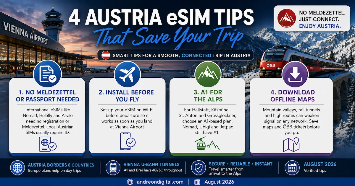 Austria eSIM tips 2026 showing no Meldezettel requirement, install before flying, choose A1 for the Alps, download offline maps and Vienna U-Bahn mobile coverage