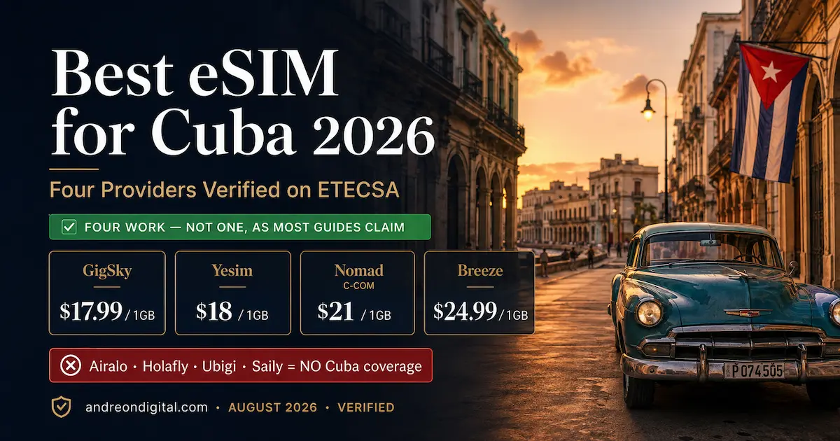 Best eSIM for Cuba 2026 comparison with GigSky, Yesim, Nomad and Breeze prices in Havana, while Airalo, Holafly, Ubigi and Saily are marked as no Cuba coverage